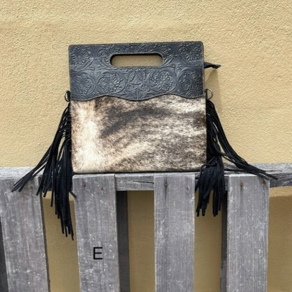 Cowhide and Black Tooled Leather Concealed Carry Purse